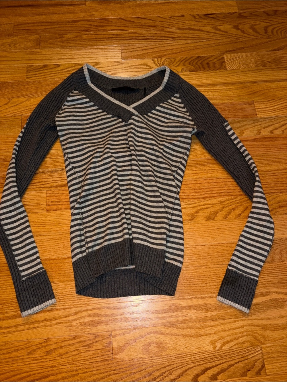 L.A.M.B. Vintage Striped V-Neck Sweater in Black and Gray